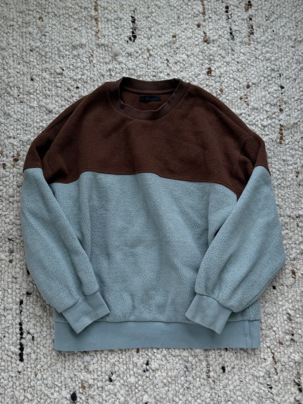 OAK + FORT Two-Tone Crewneck Sweater in Brown & Light Blue